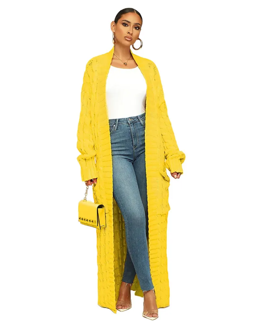 Long Knitted Cardigan V Neck Trench Coat Yellow S 