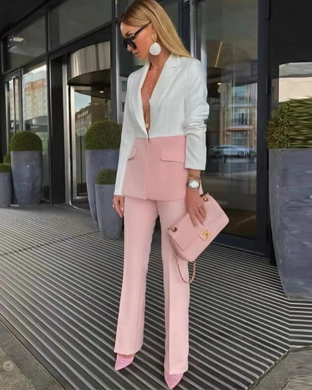 Slim Fit Color Block Blazer & Pants Set White & Pink S 