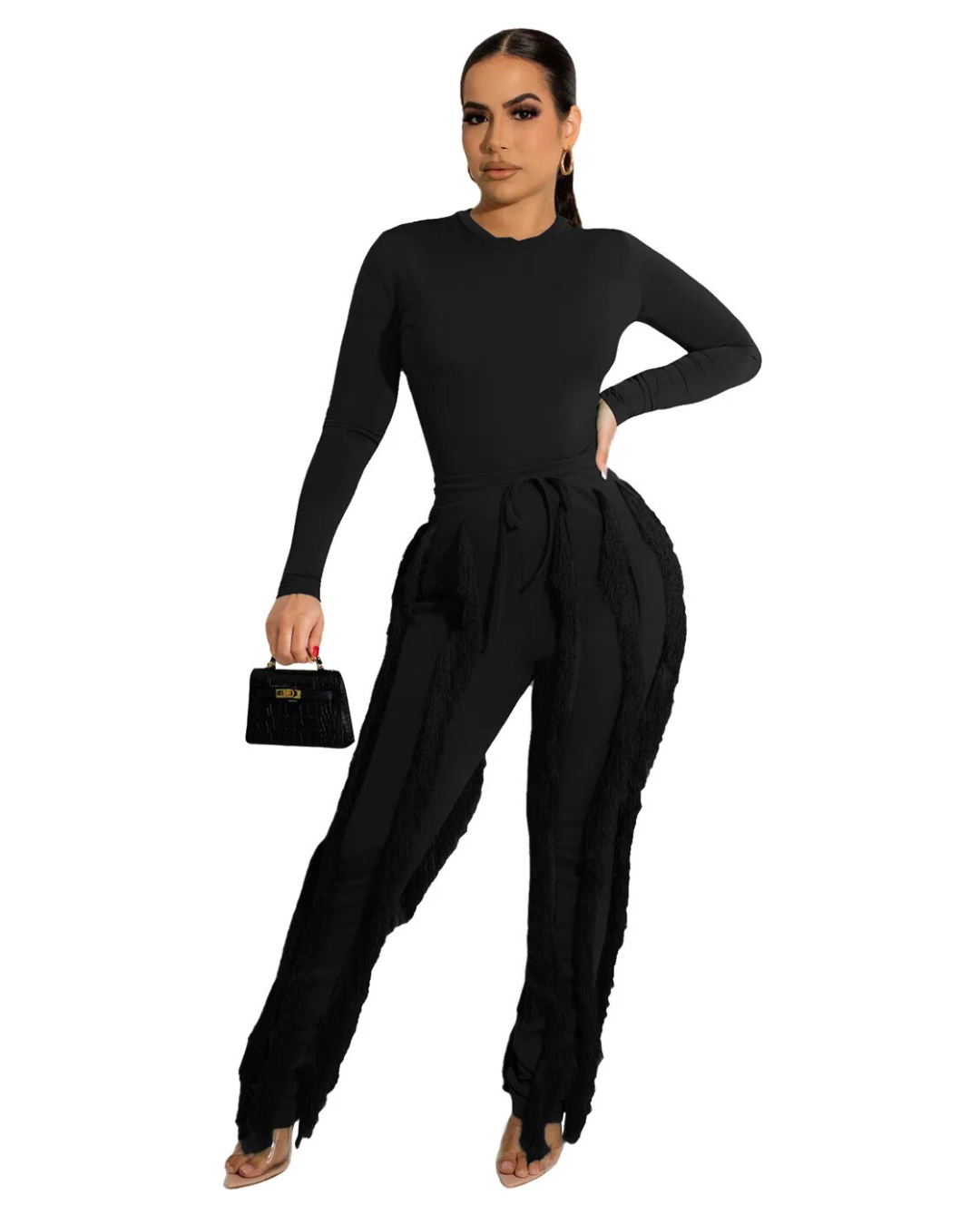 Sleeveless Bodysuit and Fringe Tassel Trousers Set Black S 