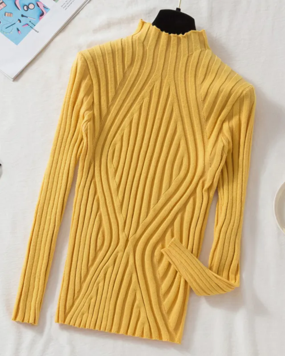 Half Turtleneck Long Sleeve Knitted Sweater Yellow One Size 