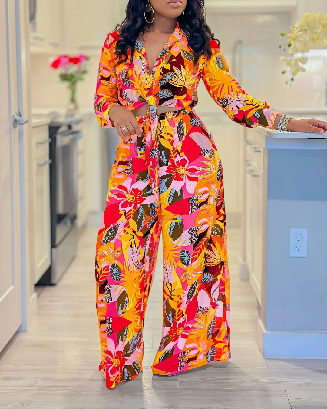 Flower Print Two Pieces Set Yellow S 