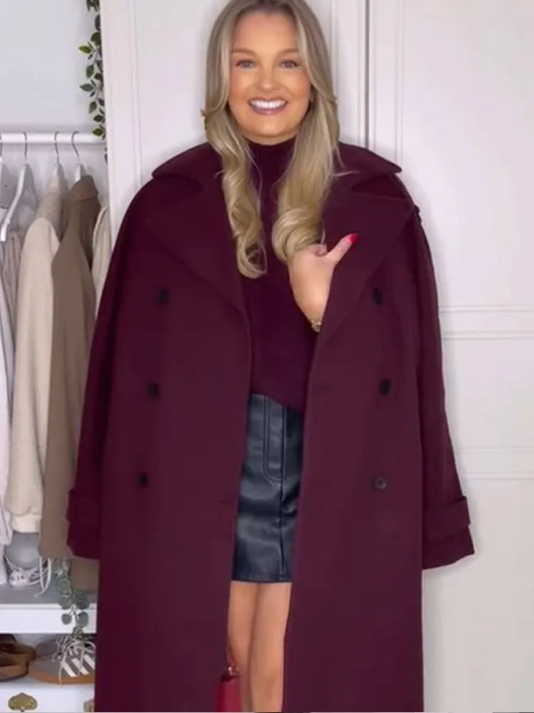 Casual Burgundy Long Sleeve Solid Coat