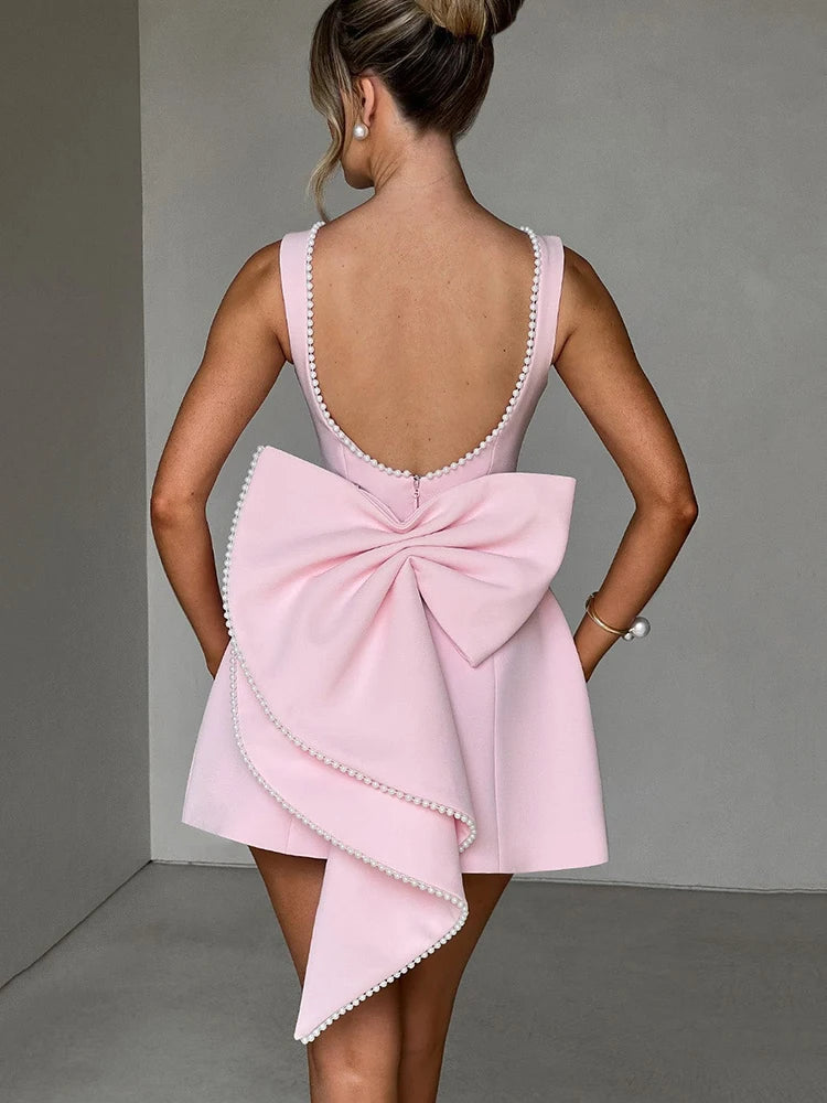 Pearl Bow Backless Sexy Mini Dress Pink L