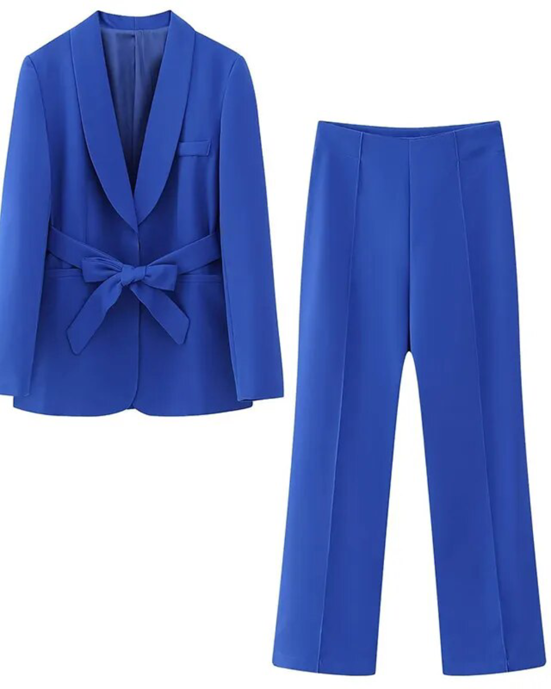 Belted Blazer Top & Pants Set Blue Set XS 