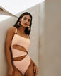 One piece flower cutout bikini cut swimsuit L Flesh pink