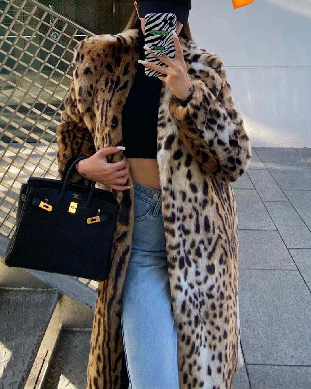 Leopard Print Faux Fur Long Coat   