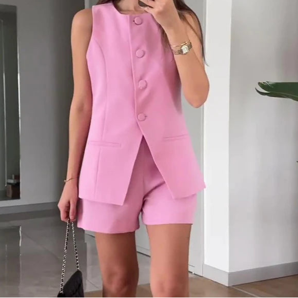 Suit Vest and High Waist Short Set Pink XS