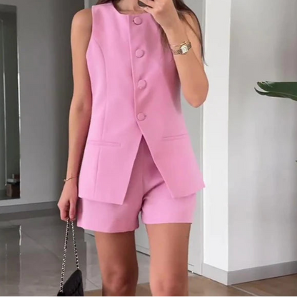 Suit Vest and High Waist Short Set Pink XS