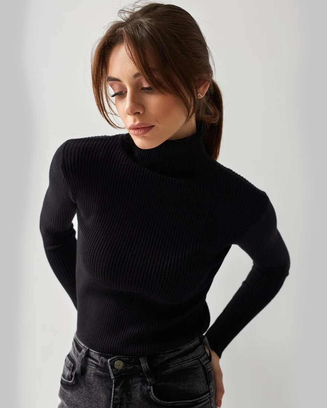 Long Sleeve Slim Turtleneck Sweater Black One Size 