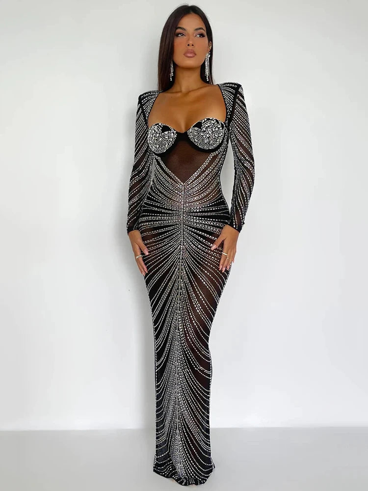 Glitter Mesh See-Through Bodycon Full Sleeves Dress