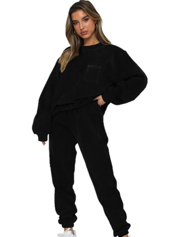 Women's 2-Piece Corduroy Solid Color Pullover with Long Sleeves