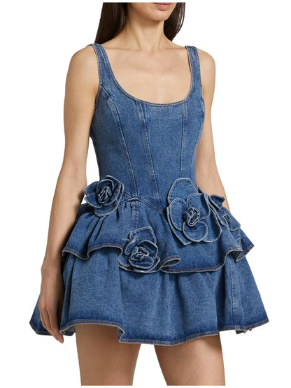 3D Flower Double-layer Denim Bow Mini Dress
