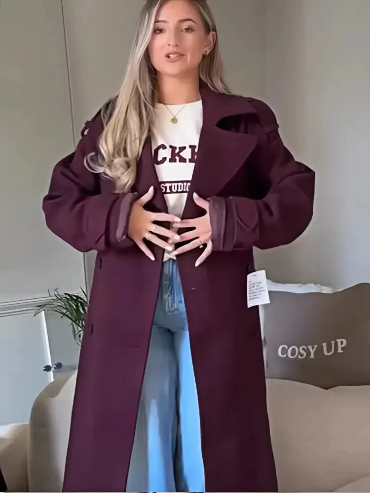 Casual Burgundy Long Sleeve Solid Coat