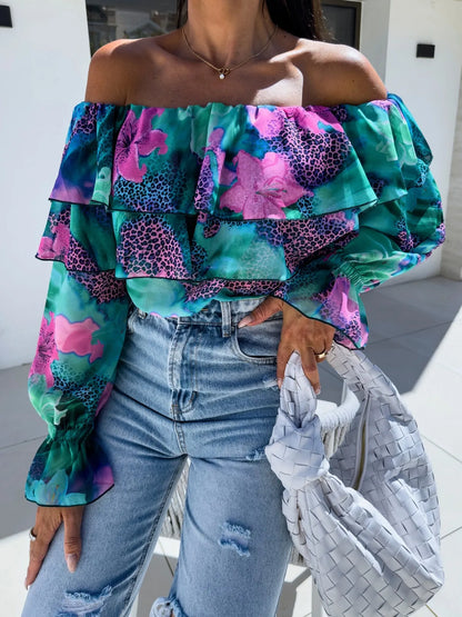 Boho Floral Off-Shoulder Long Sleeve Blouse Light Green S