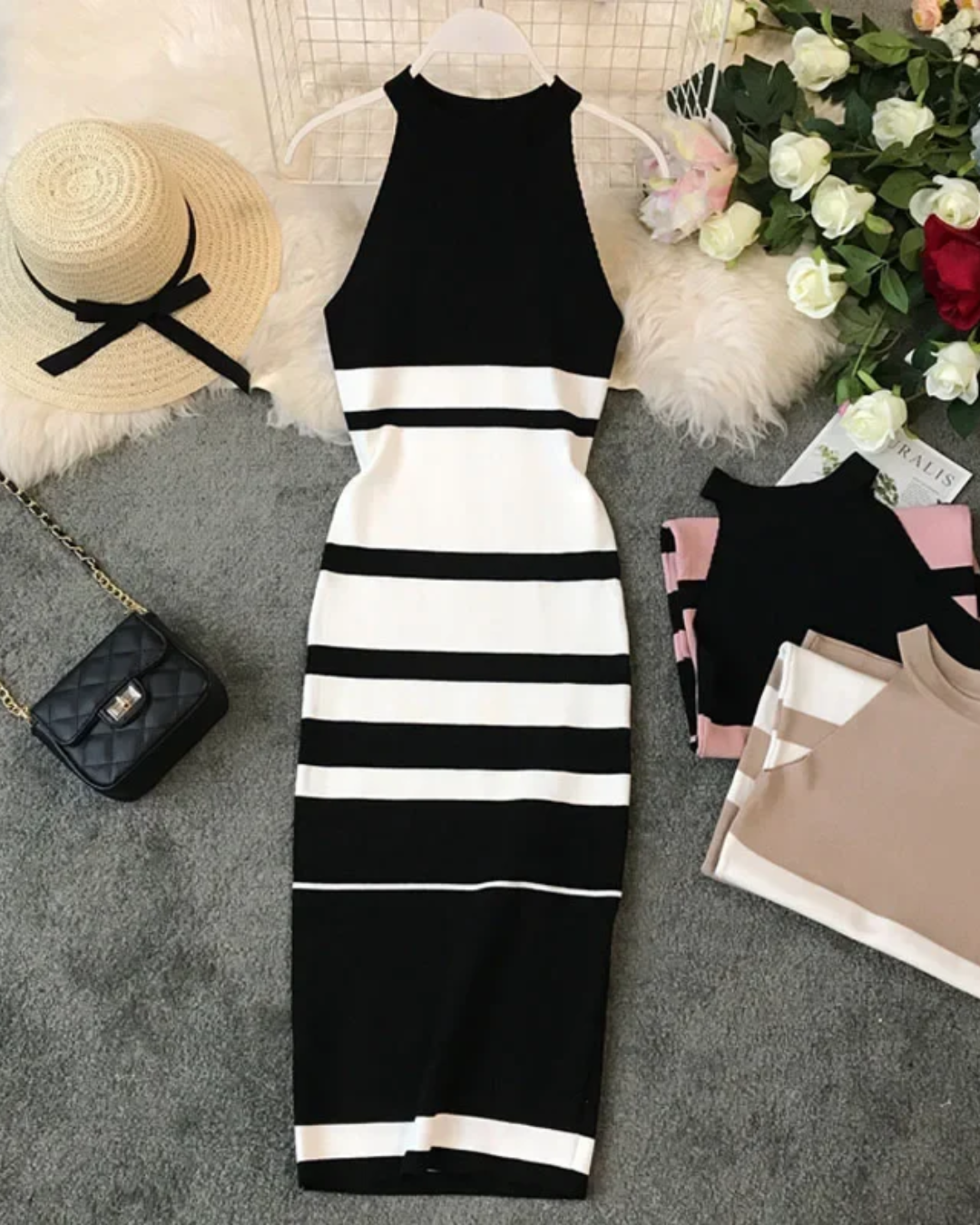 Knitted Round Neck Stripes Dress Black One Size 