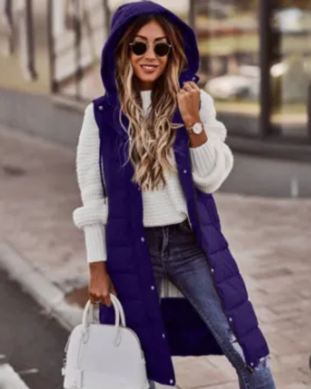 Cotton Padded Long Hooded Jacket Purple S 