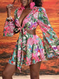 Casual Small Tiny Flower Printed Horn Sleeve Dress pink S