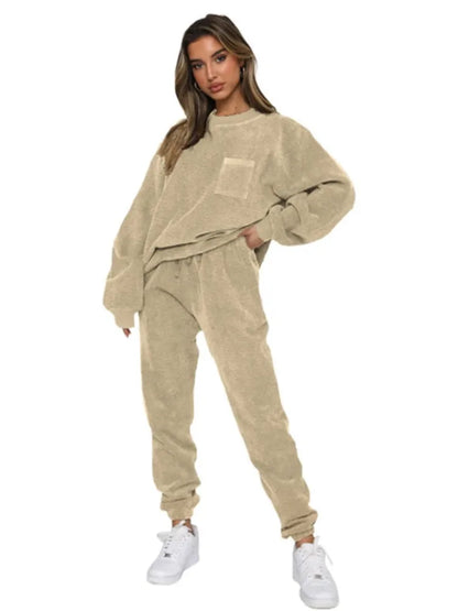Women's 2-Piece Corduroy Solid Color Pullover with Long Sleeves milky S