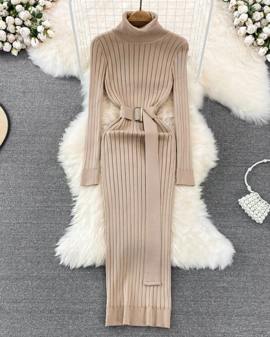 Turtleneck Long Sleeve Knitted Dress Khaki One Size 