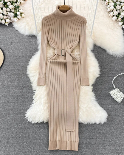 Turtleneck Long Sleeve Knitted Dress Khaki One Size 