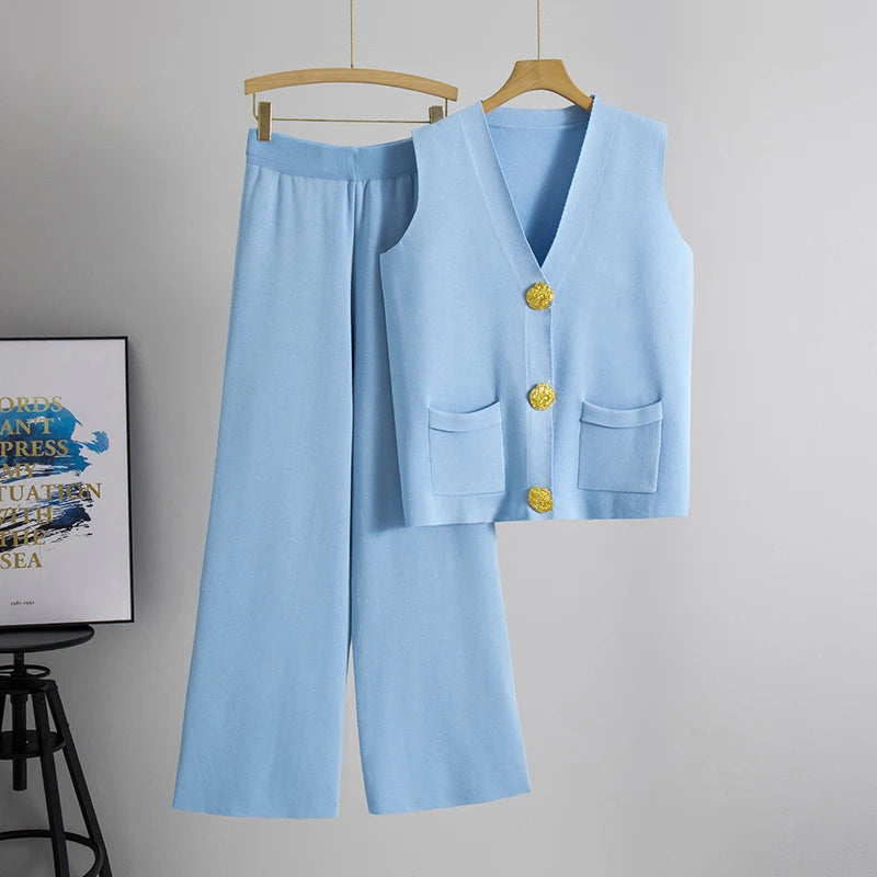 Golden Button Two Piece Set Blue One Size