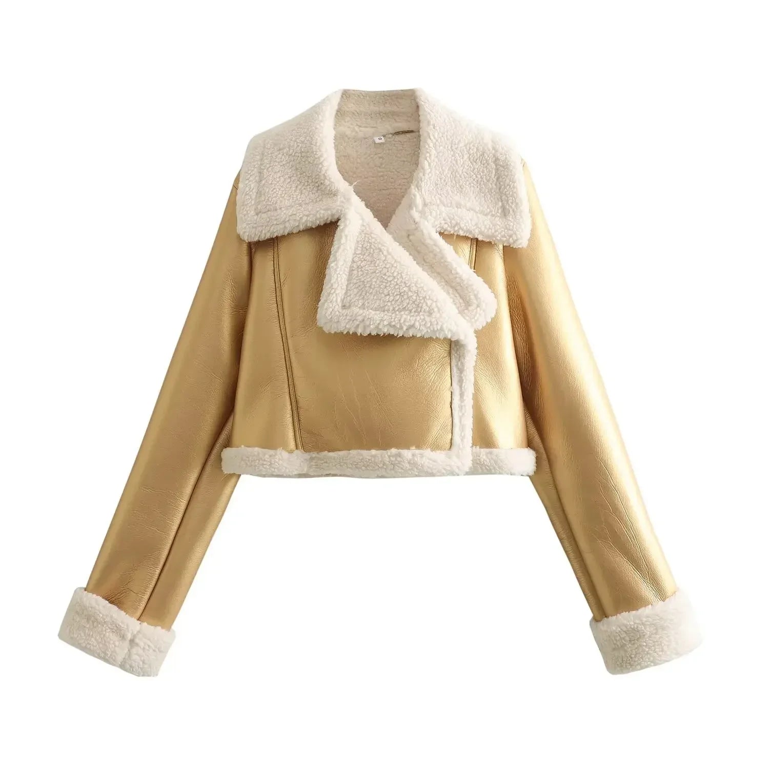 Plush Long Sleeves Short Coat Jacket gold L