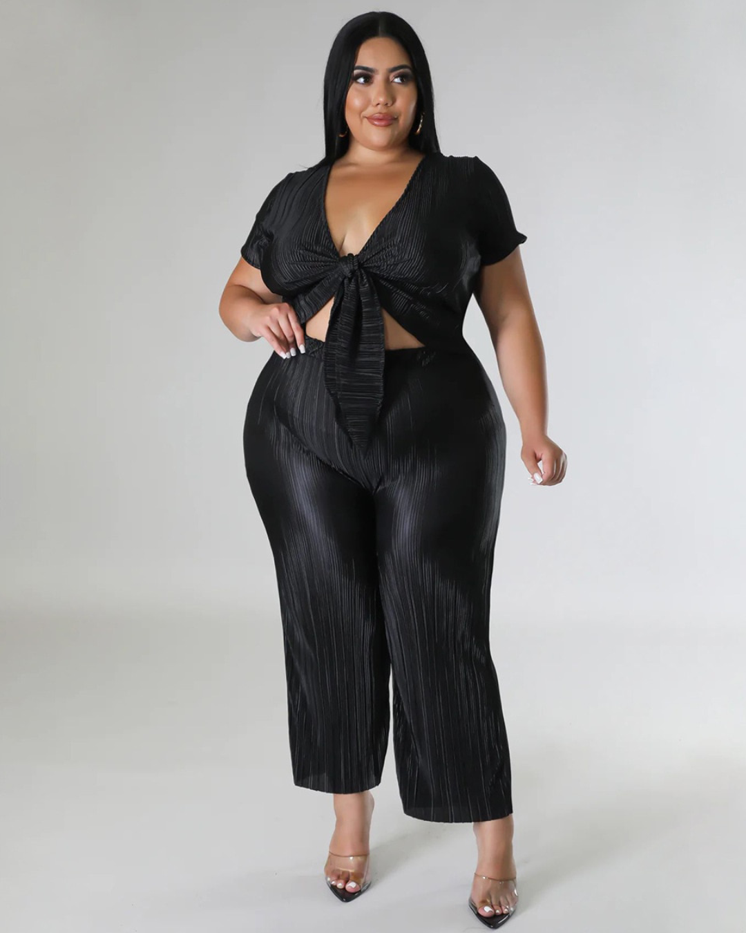 Plus Size Pleated V Neck Two Piece Set Black L 