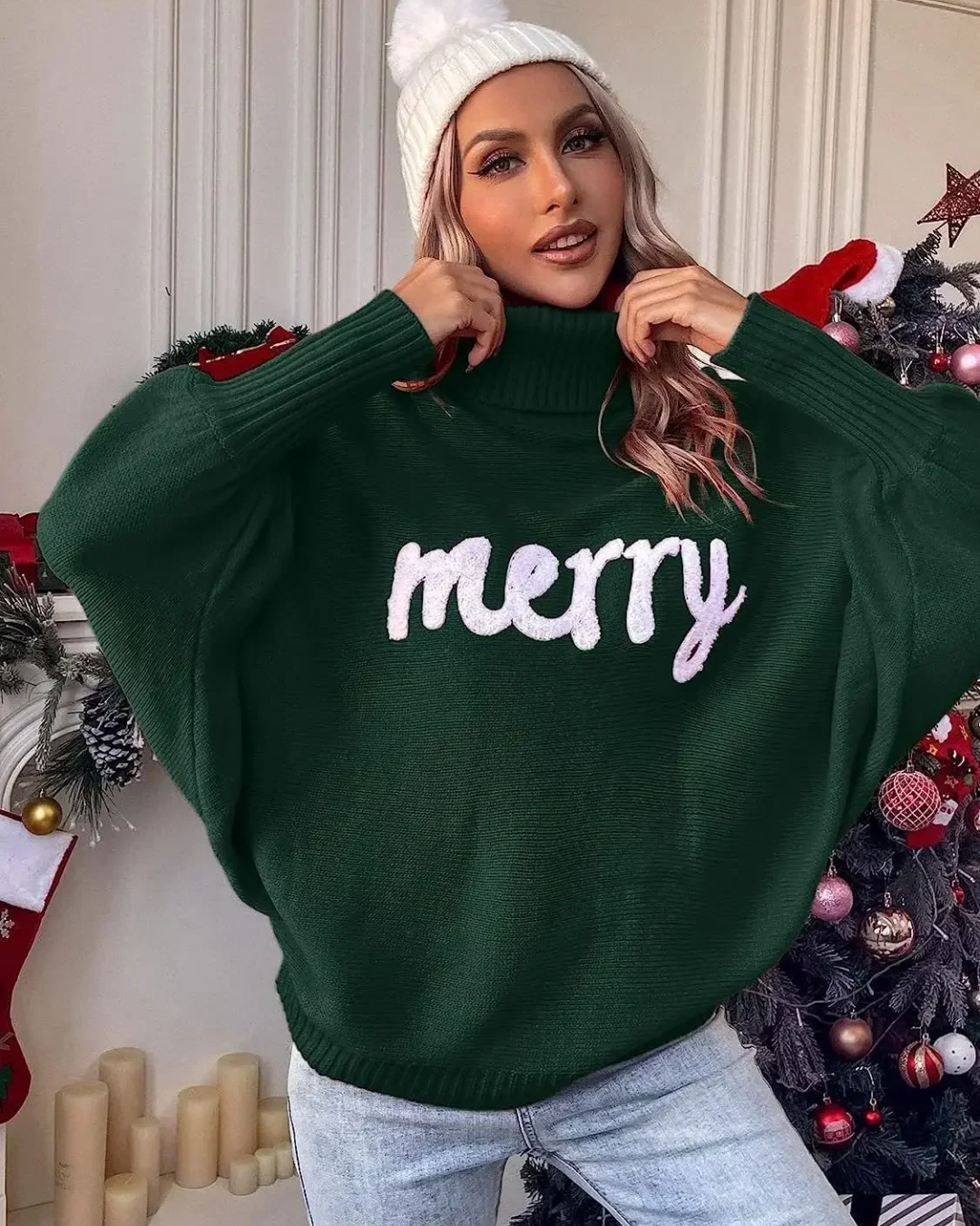 Knitted Turtleneck Loose Pullover Sweater Green S 