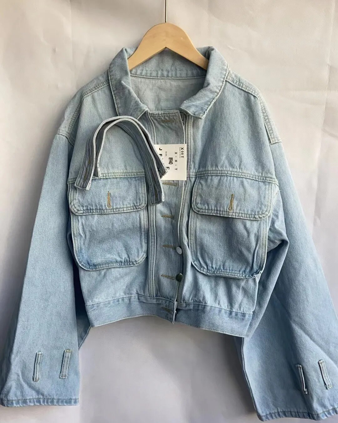 Turn Down Collar Single Breasted Crop Jacket Light Blue One Size 