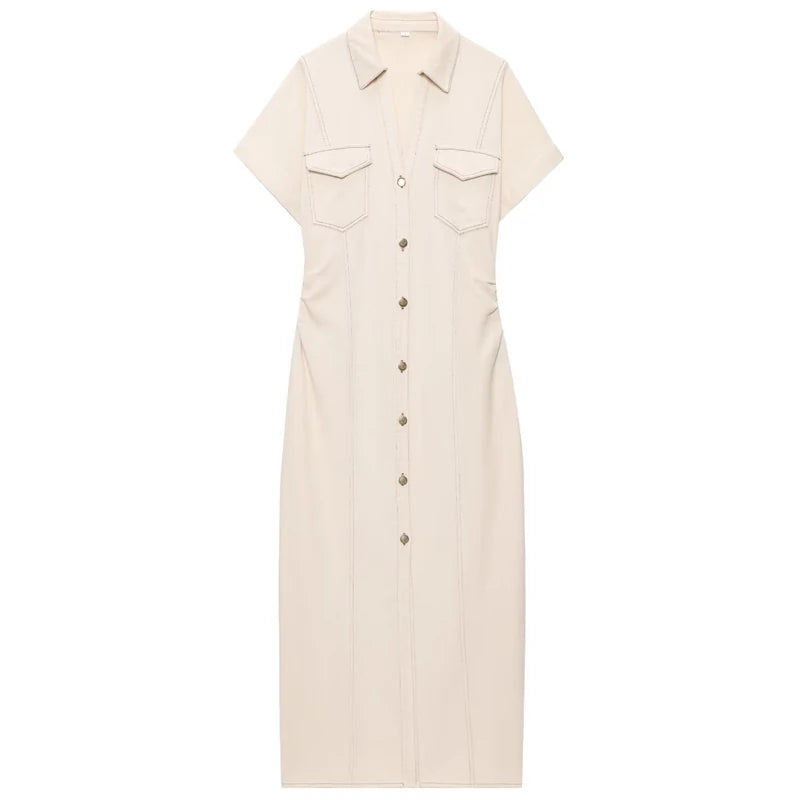 Ruched Waist Popper Front Denim Dress Beige XS