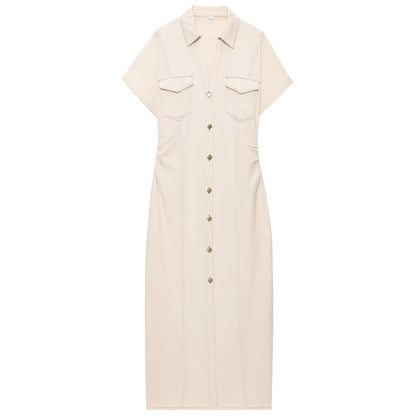 Ruched Waist Popper Front Denim Dress Beige XS