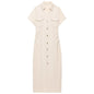 Ruched Waist Popper Front Denim Dress Beige XS