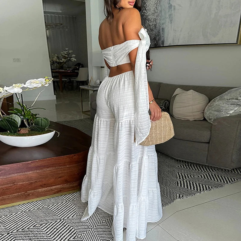 Backless Belted Off Shoulder Wide Leg Jumpsuits