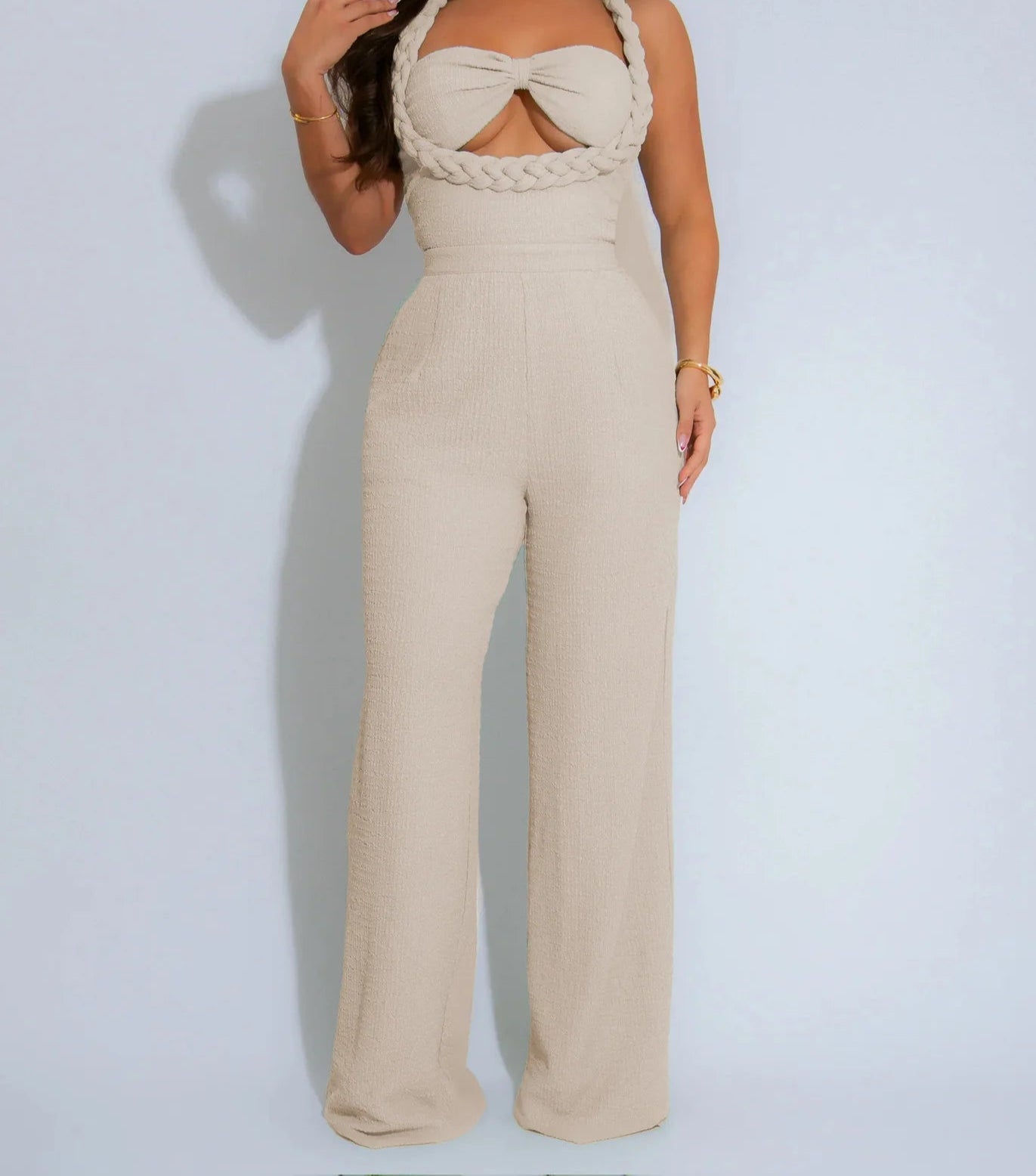 Luxe Braided Halter Jumpsuit Apricot S