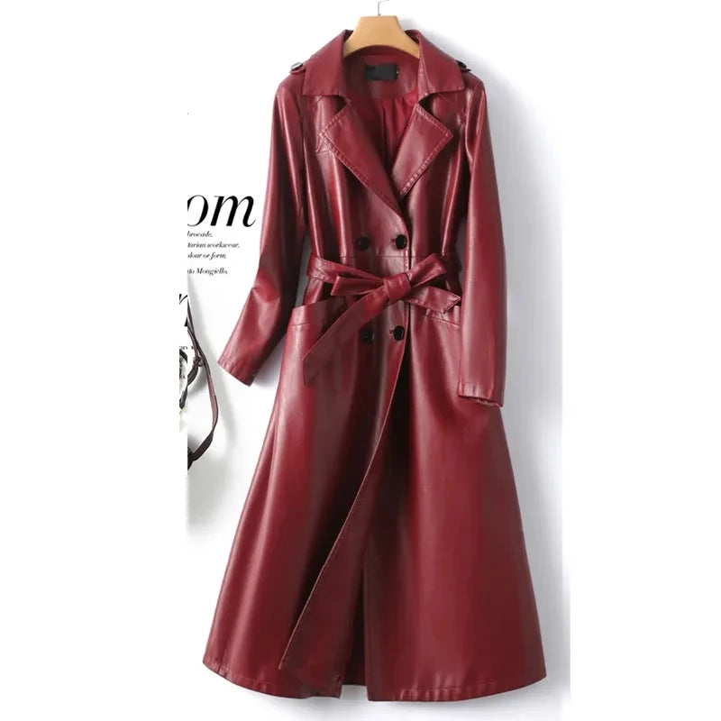 Wine Red Double Breasted Belt Lambskin Sheepskin Trench Coat