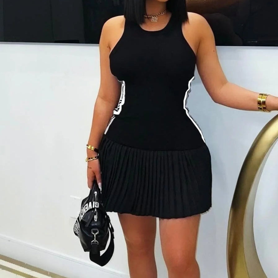 Sexy Color Block Pleated Round Neck Sleeveless Bodycon Dress black XXL