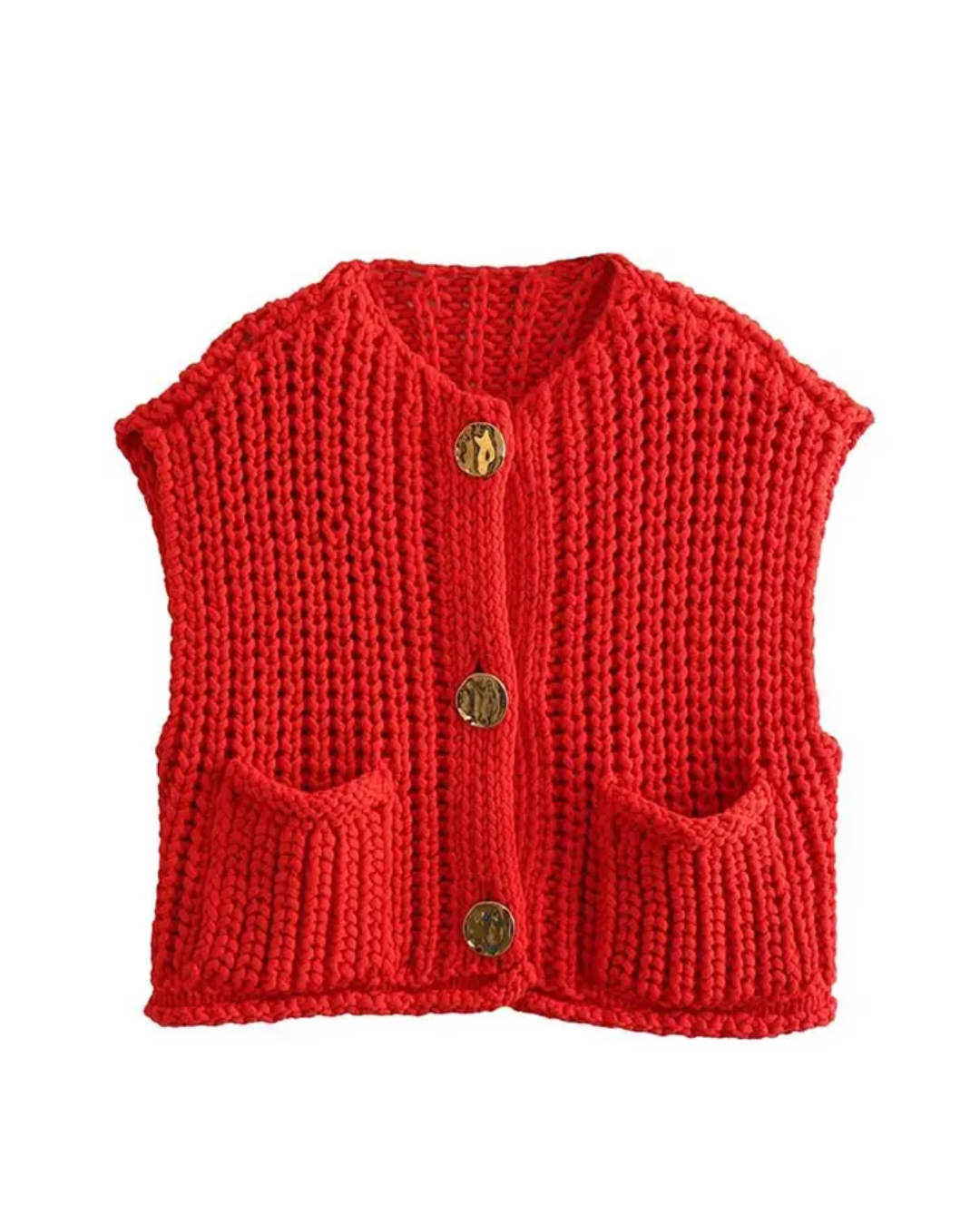 Sleeveless Round Neck Knitted Vest Red S 