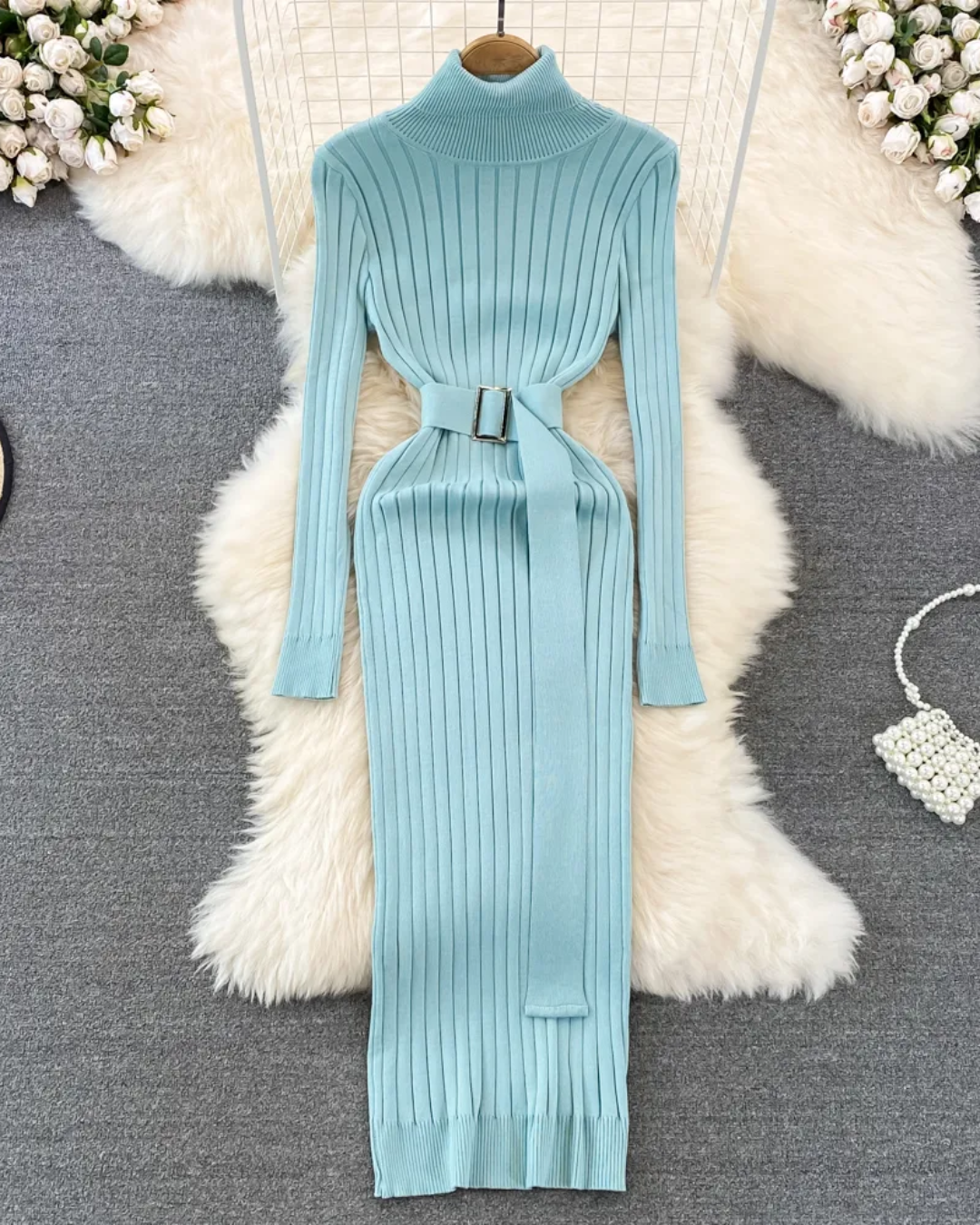Turtleneck Long Sleeve Knitted Dress Light Blue One Size 