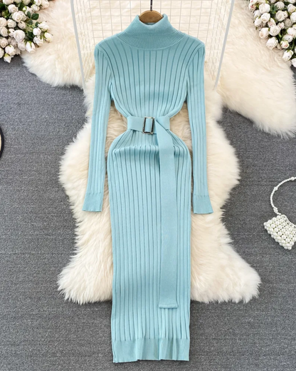 Turtleneck Long Sleeve Knitted Dress Light Blue One Size 