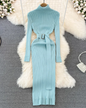 Turtleneck Long Sleeve Knitted Dress Light Blue One Size 
