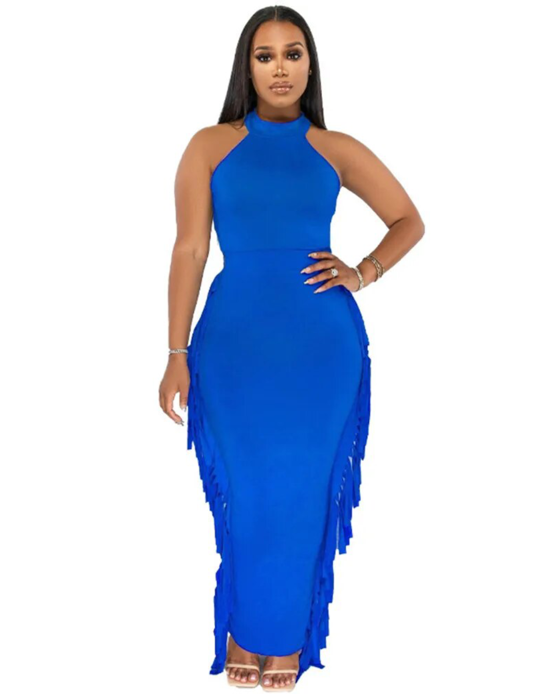 Sleeveless Bodycon Top & Tassel Skirt Set Blue S 