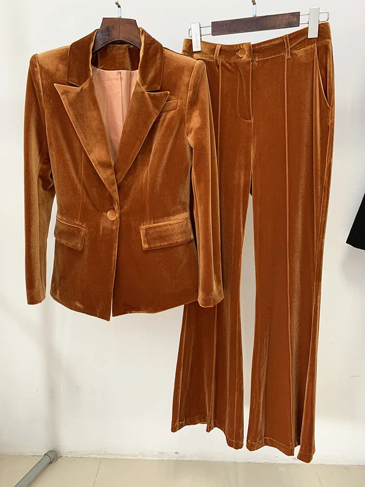 Brown Velvet Blazer & Flared Pants Brown XXXL