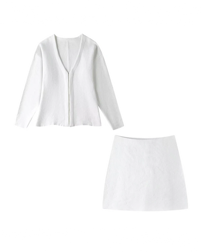 V-Neck Cardigan and High Waist Mini Skirts White Suit S 