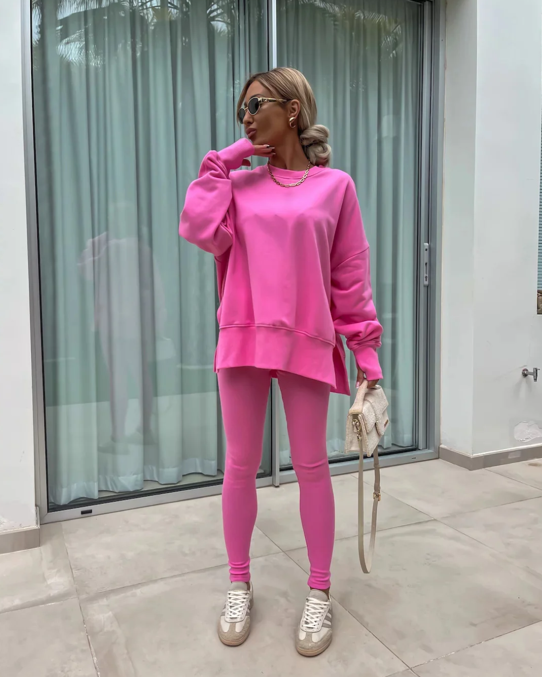 Loose-Fitting Sweater with Tight Pants Pink S 