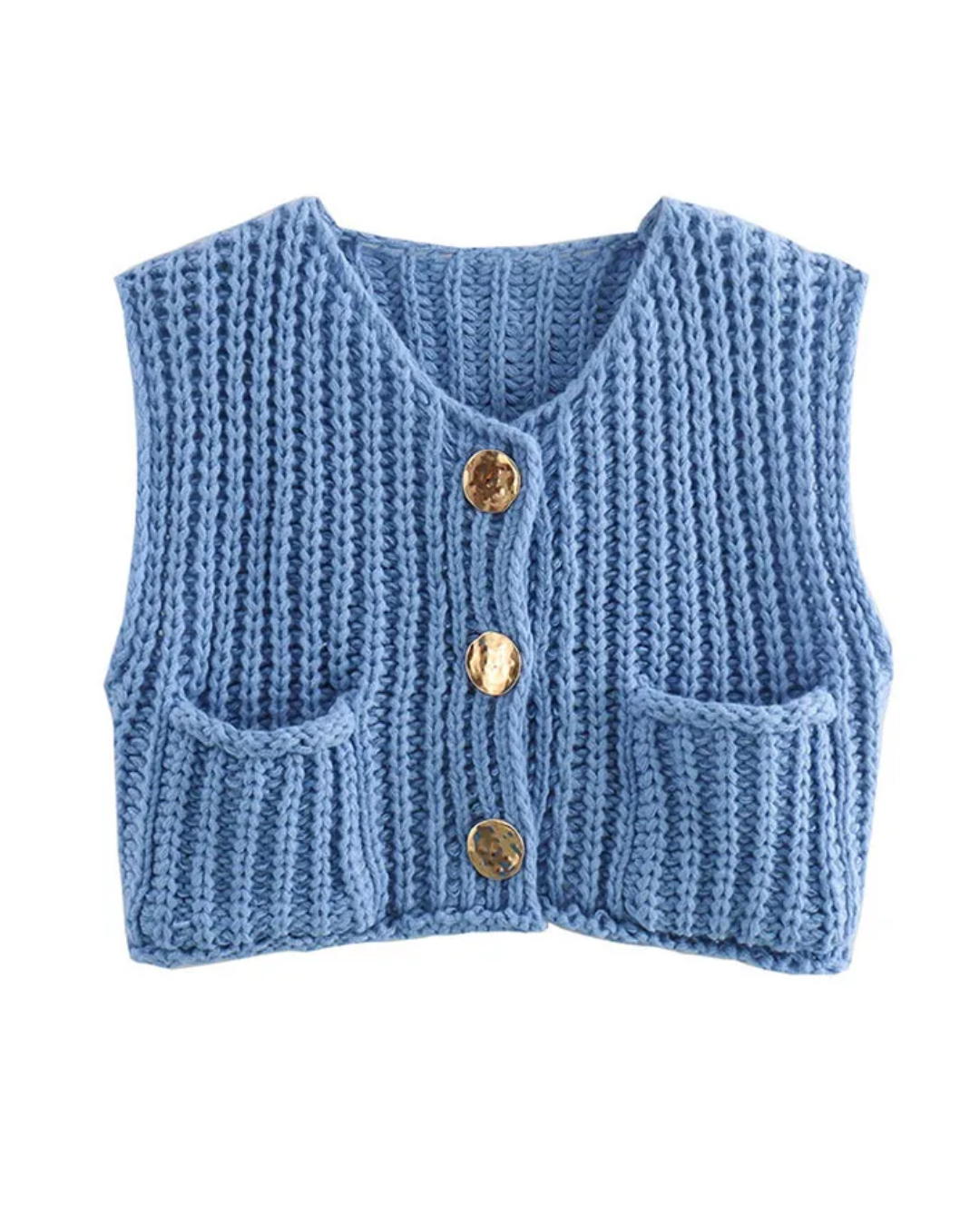 Sleeveless Round Neck Knitted Vest Sea Blue S 