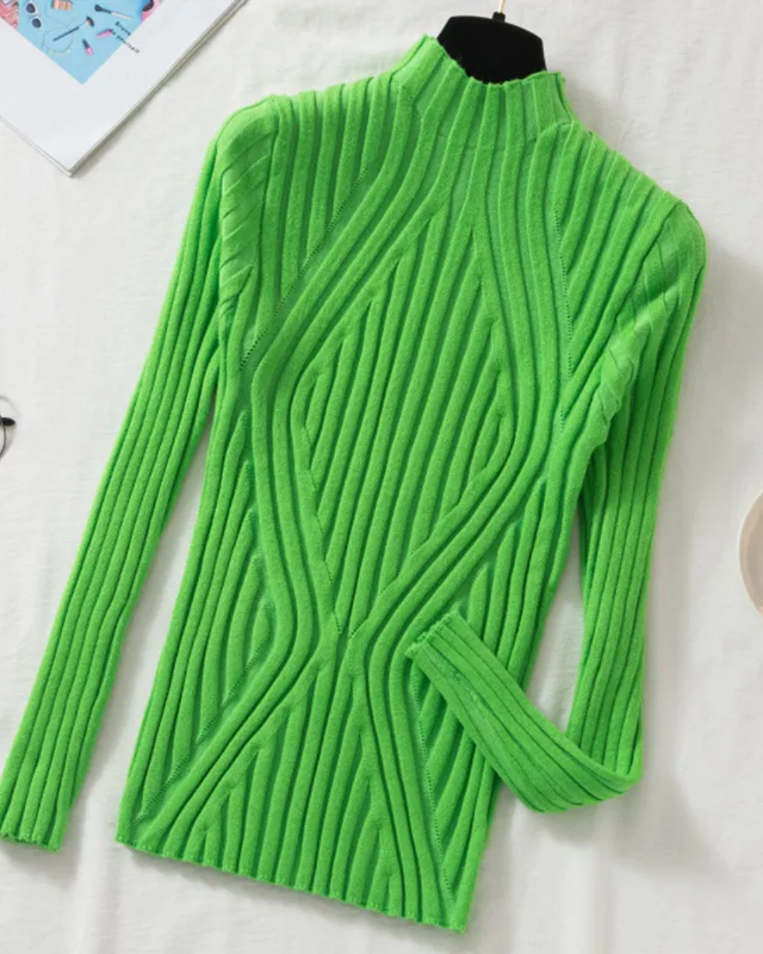 Half Turtleneck Long Sleeve Knitted Sweater Green One Size 