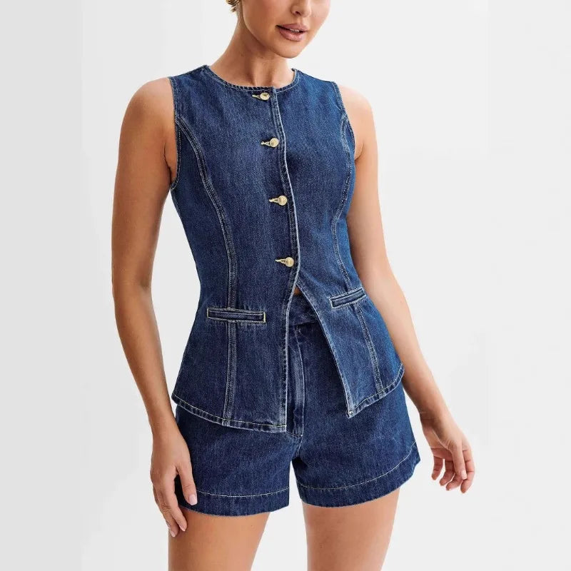 Casual Sleeveless High Waist Denim Shorts Set