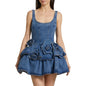 3D Flower Double-layer Denim Bow Mini Dress blue S