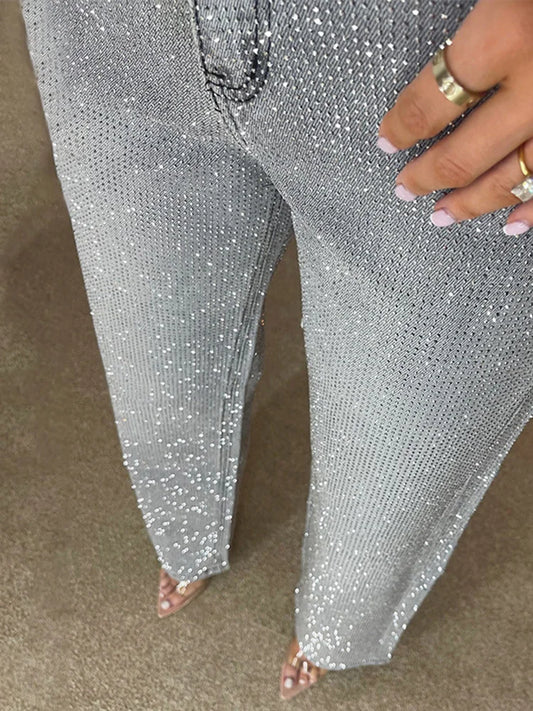 Shiny Rhinestone Wide Leg Jeans