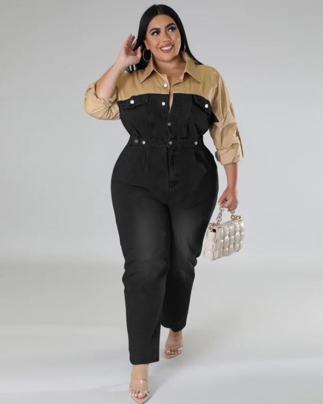 Plus Size One Piece Denim Jumpsuit Black XL 